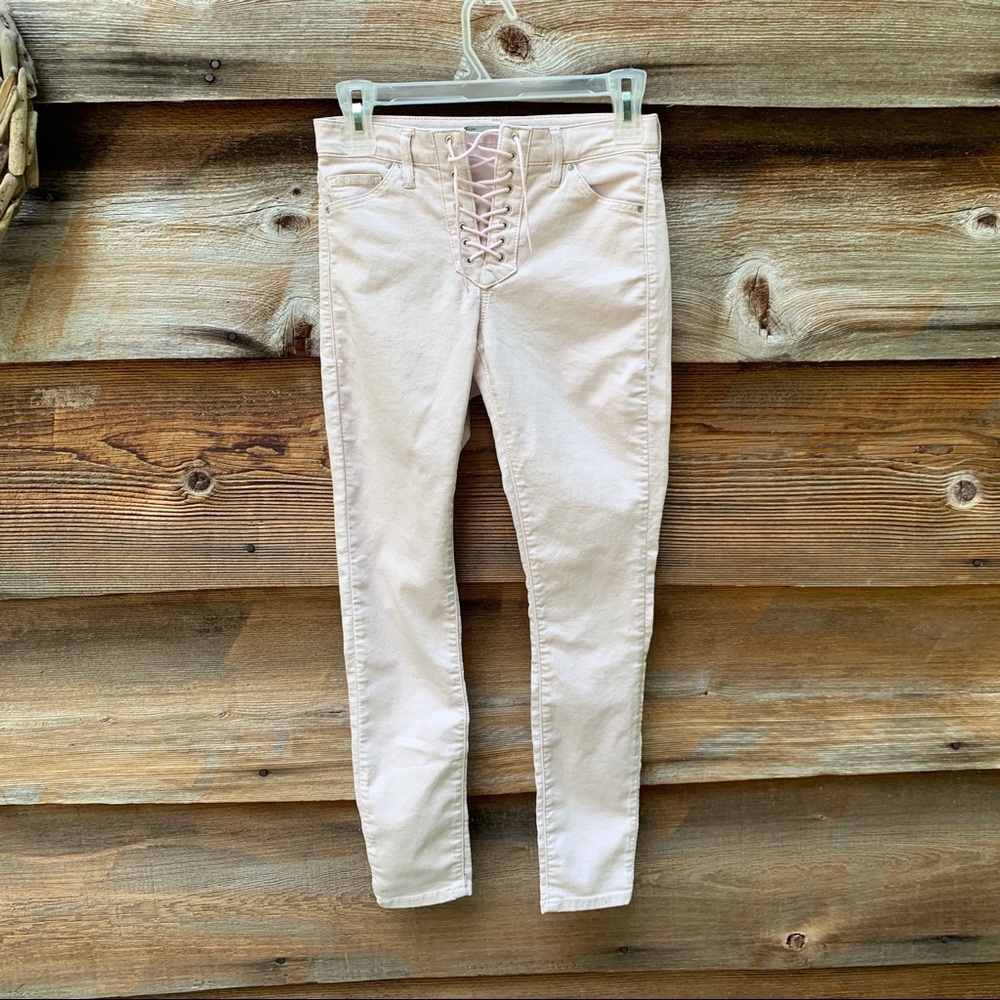 Topshop Light Pink Lace Up Leigh Moto Jeans Size 25
